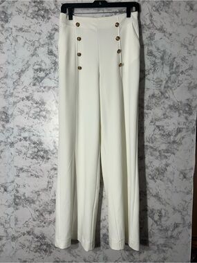 High-Rise Cream Wide-Leg Pants with Gold Button Accents